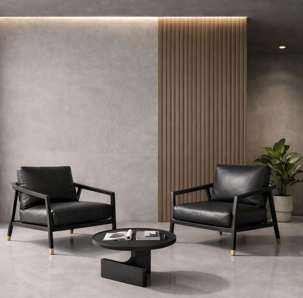 Poltrone nere imbottite in ambiente elegante